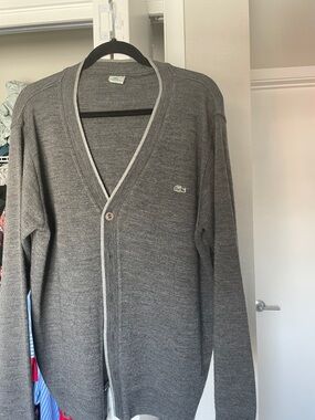 Lacoste Men's Charcoal Gray V-Neck Cardigan with Contrast Trim